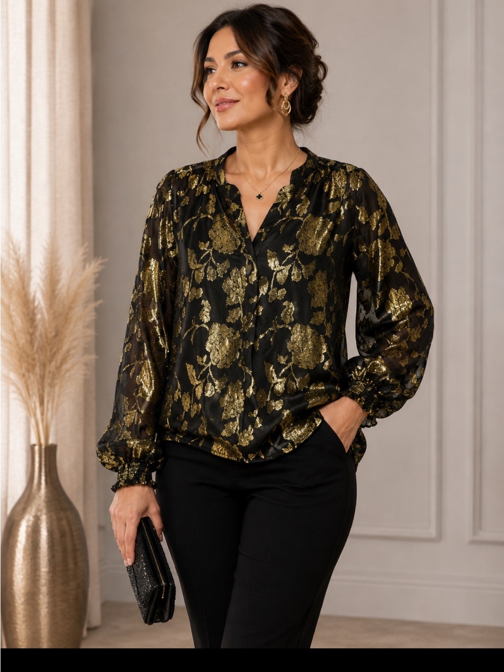 Jessica London sheer metallic YNeck black and gold blouse size 16 long sleeves